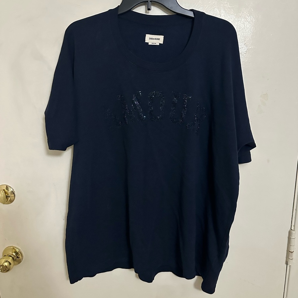 Zadig & Voltaire Amour Blue Sparkle Sweater Short Sleeve Size L Large NWOT